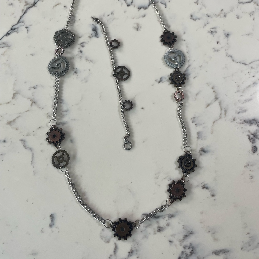 Handmade Gears Jewelry Set Necklace & Bracelet Multi color unique design silver